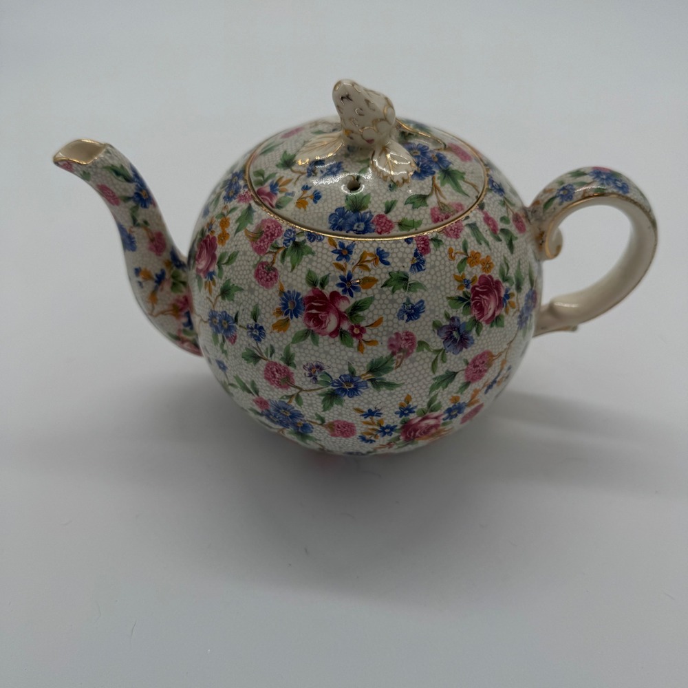 Royal Winton Grimwades Old Cottage Chintz Teapot Bird Finial Gold Trim Floral